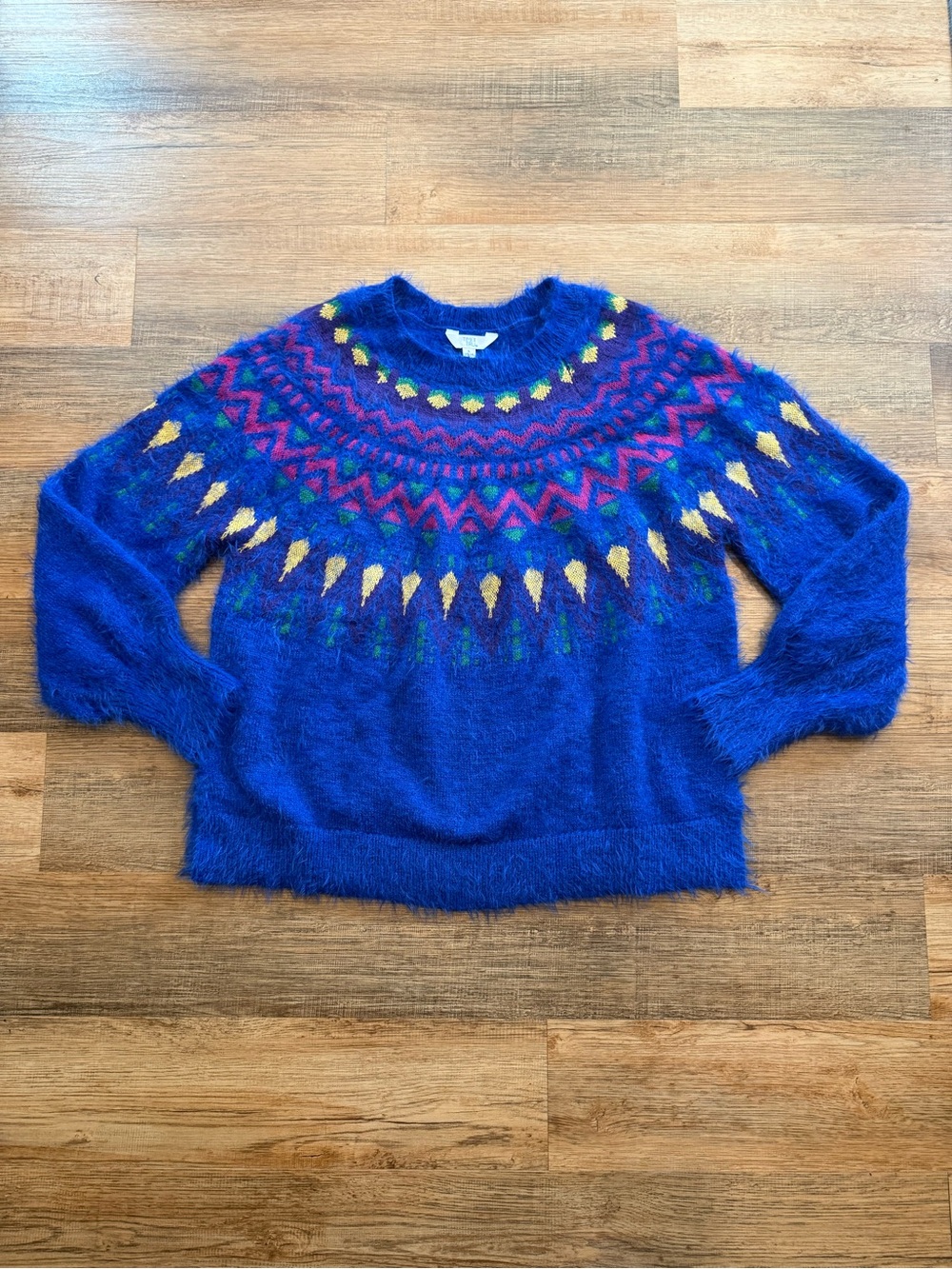 Time and Tru Blue Fuzzy Fair Isle Yoke Sweater